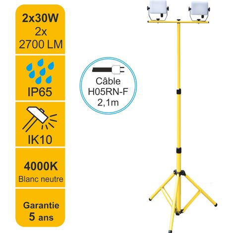 Projecteur LED de chantier 2x30W 2x2700lm 4000K avec trépied ajustable - garantie 5 ans