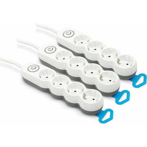 Pack de 3  Bases múltiples Garza con 4 enchufes, Cable de 1.4 Metros, Enchufe Plano, con Interruptor, Protección Infantil, Blanco