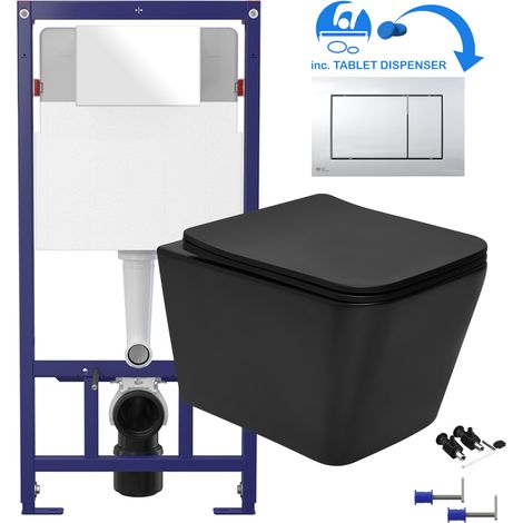 Black Square Rimless Wall Hung Toilet & 1.12m Concealed WC Cistern Frame Set - Gloss Chrome Square Plate