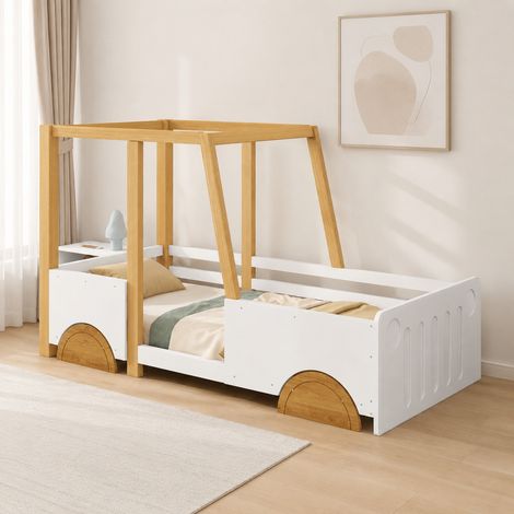 CHICFURN Cama infantil coche 90x200 cm de madera blanca y natural con barreras, sin colchón (1/5)
