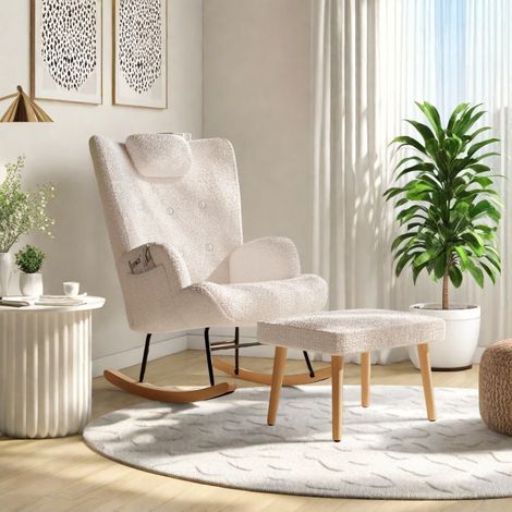 Sillón Mecedor, Sillón Mecedor en peluche - con suave reposapiés, Respaldo con reposacabezas acolchado y bolsillos laterales, estilo Escandinavo - Blanco