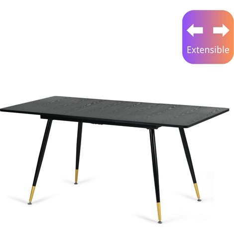 URBAN MEUBLE Table de salle à manger rectangulaire extensible noir effet bois de style scandinave pieds points dorés 120-160cm (1/5)