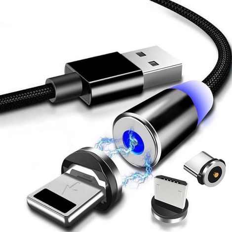 Cable De Charge Magnetique - 1 M - 5 V 2 4 A - Compatible Android Micro iOS Type C - Bleu (1/3)