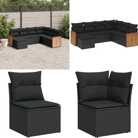 7-tlg. Garten-Sofagarnitur mit Kissen Schwarz Poly Rattan - Gartenmöbel - Sofagarnitur - Rattan Möbel - Outdoor Möbel - Lounge Set - Home & Living (1/5)