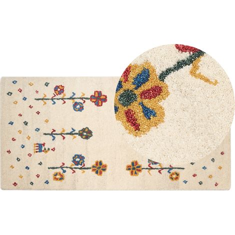 Alfombra gabbeh de lana beige azul rojo amarillo verde 80 x 150 cm a mano floral Husunlu (1/5)