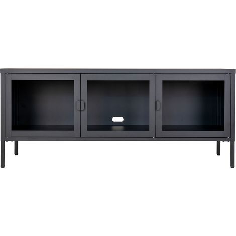 Mobile TV Brisbane in acciaio nero con 3 ante in vetro, 130×40×55 cm