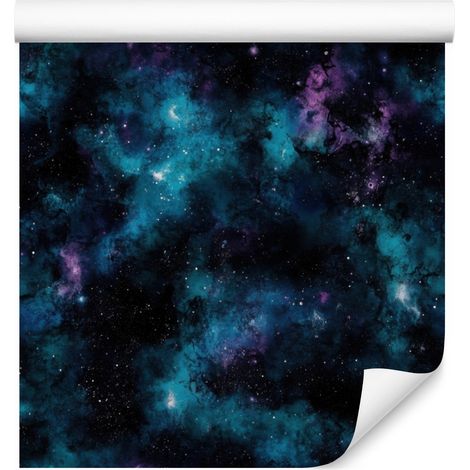 Carta da parati effetto galassia ad acquerello, blu navy, nero e turchese, 50x1000 cm (1/5)