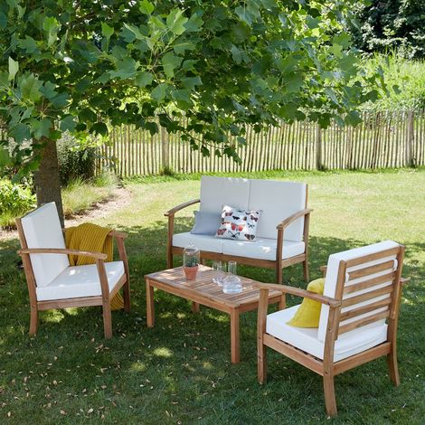 Berah Getah – Salon de jardin en acacia massif 4 places – Table avec rallonge papillon – Coussins déhoussables en polyester – Résistant à l'eau (1/5)