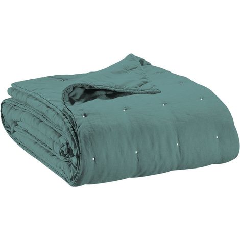 Jeté de Lit en Lin et Coton Stonewashed Couvre-Lit pour Chambre Bleu Prusse 180 x 260 cm - PANGIVO (1/3)