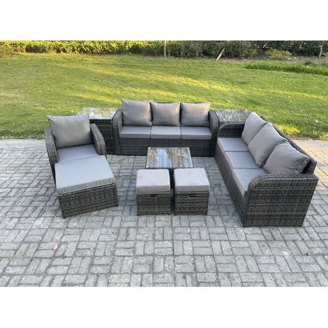 Fimous 10 places Salon de jardin exterieur avec Canapés Table basse carrée Chaise inclinable 3 Tabourets 2 Tables d'appoint Gris foncé mixte (1/5)