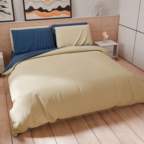 Set Housse de Couette 160x200 cm 1 Taie d'oreiller 50x80 cm Incluse, Parure de Lit Microfibre 1 Personne Douce Bleu Nuit Taupe (1/5)