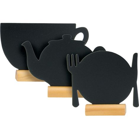 Lot de 3 Silhouettes Mini Ardoise Théière Assiette Tasse Socle en Bois Feutre-Craie Inclus (1/5)