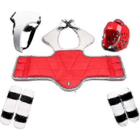 Ensemble de protection de taekwondo cinq pièces : casque gants de kickboxing et de boxe protection de tête. Taille fille : 110-130 cm. (1/5)
