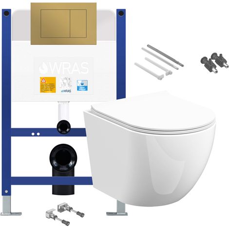 Gloss White Rimless D Shape Wall Hung Toilet with Low Height 0.75m Concealed Cistern Frame Set - Brushed Gold Plate