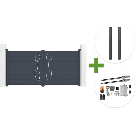 Portail battant 3m LIFE H.140cm aluminium gris + 2 poteaux ELDA + motorisation Tanker B250 (1/5)