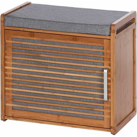 WENKO Panca d'ingresso e mobile per scarpe in legno Bahari, mobile porta scarpe in legno con 2 ripiani per 4 paia di scarpe, Bambù - MDF - Poliestere, 50x45x33 cm, Grigio - Marrone (1/9)