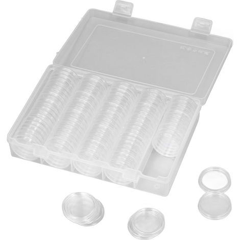 Packung mit 100 durchsichtigen Aufbewahrungsboxen aus Kunststoff für Münzen, mit Schutzkapseln, ideal zum Ausstellen und Sammeln. (1/5)