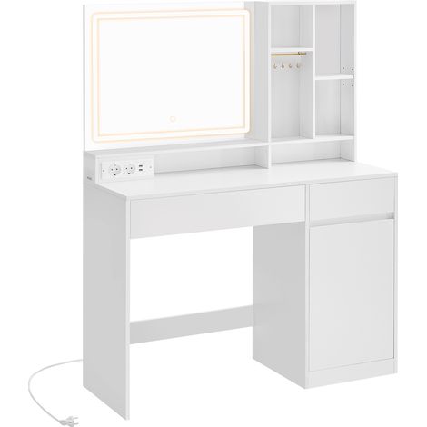 Coiffeuse avec Miroir et Lumière, Table de Maquillage, Largeur de 110 cm, Tiroir, Étagères Réglables, Prise de Courant, Rangement pour Bijoux, pour Chambre, Blanc Nuage (1/5)