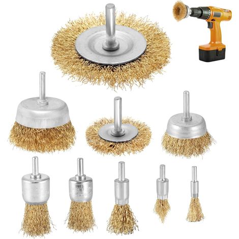 9 Pcs Rotary Brush Drill Attachment Copper Wire Brush Brass Coated 6mm Shank for Removing Paint and Rust Cleaning (1/5)