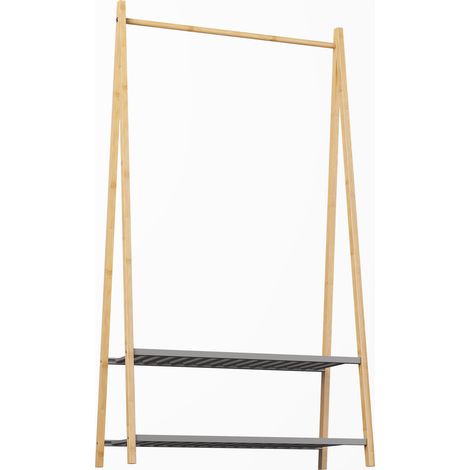 Porte-manteau sur pied en bambou avec 2 étagères, range-chaussures et tringle, rangement compact pour entrée et chambre - CHICFURN (1/5)