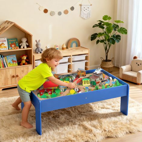 Table de jeu - 98x60,5x40 cm - table de train - ensemble de train en bois de 108 pièces - bleu - avec plateau amovible - Pratique