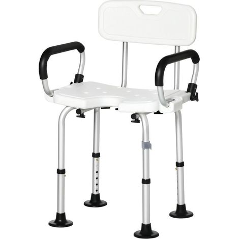 Chaise de douche, tabouret de douche réglable en hauteur avec dossier et accoudoirs rabattables, assise U, pieds antidérapants à ventouses, pour personnes âgées et handicapées, alu HDPE, blanc (1/5)