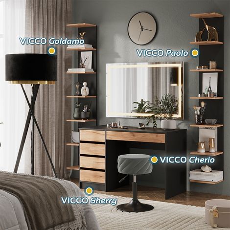 Tocador Sherry, Antracita/roble dorado, 120 x 75 cm con espejo LED, Vicco