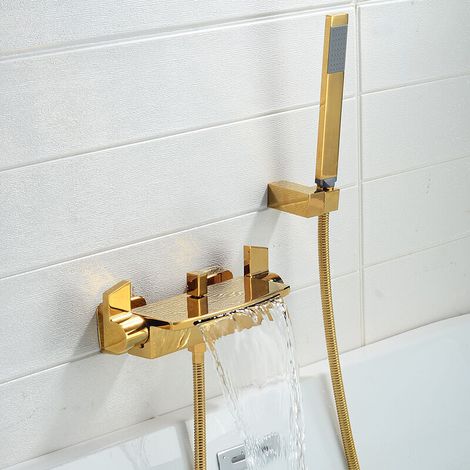 Wall-mounted Cascade Bath Mixer Tap, Wall-mounted Bath Tap for Bathrooms, Bath Tap with Hand Shower, Bath Mixer (Gold B) (1/4)