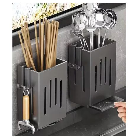 (Noir - Lot de 2) Porte-ustensiles de cuisine mural pour évier, avec bac d'égouttage et crochets, installation sans perçage. (1/5)