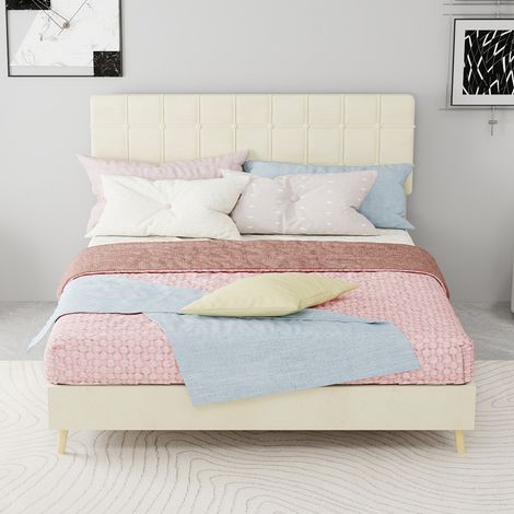 Lit double beige contemporain, tête de lit matelassée à carreaux beige clair, pour chambre principale ou secondaire, sommier 140x200 cm inclus