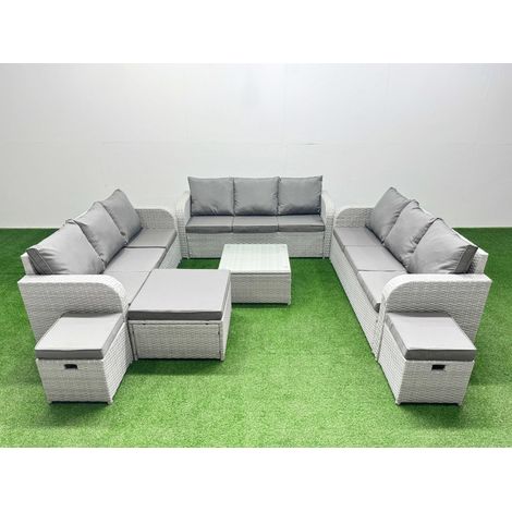 Fimous PE Rattan Lounge Sofa Set 12 Seater Outdoor Garden Furniture Set with Square Coffee Table 3 Seater Sofa 3 Stools Light Grey (1/4)