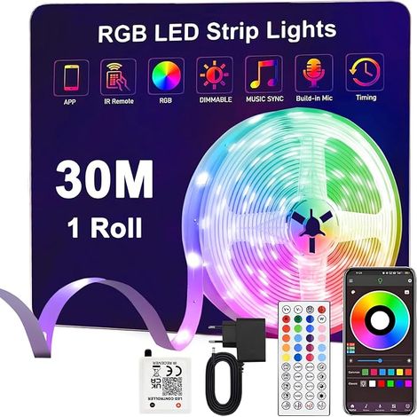 LED Strip 30 m, 24 V RGB LED Strip with Remote Control and Bluetooth App, Music Sync, Timer Mode, Flexible Multicoloured LED Strip for Living Room, Bedroom, Party, Festival, Wedding (1/5)