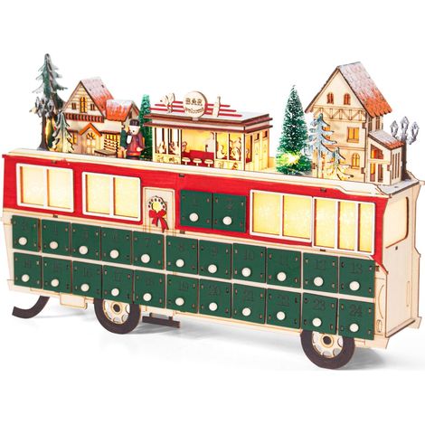 Todeco – Calendrier de l'Avent en bois lumineux – 24 tiroirs à remplir – Décoration de Noël vintage – 43 x 8,5 x 28 cm (1/5)