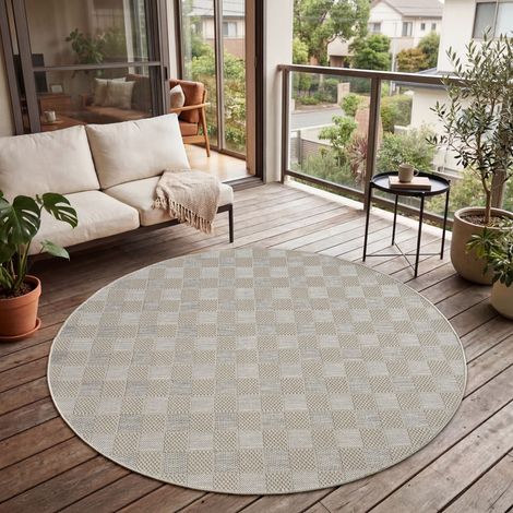 Paco Home Tapis Intérieur & Extérieur Balcon Terrasse Cuisine Motif Ethnique Boho Moderne 200 cm rond, Beige 8 (1/5)