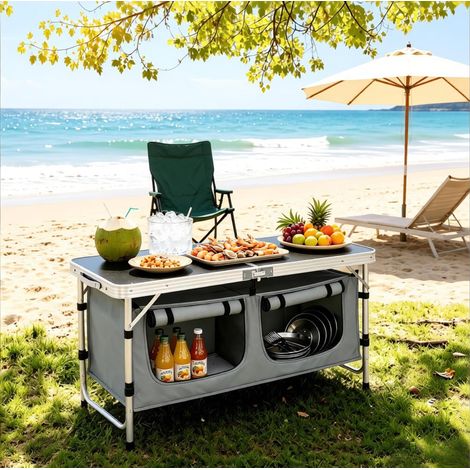 Tavolo da campeggio 120x47x62/69.5 cm, pieghevole, con borsa portaoggetti sospesa, alluminio e MDF, nero e grigio (1/5)