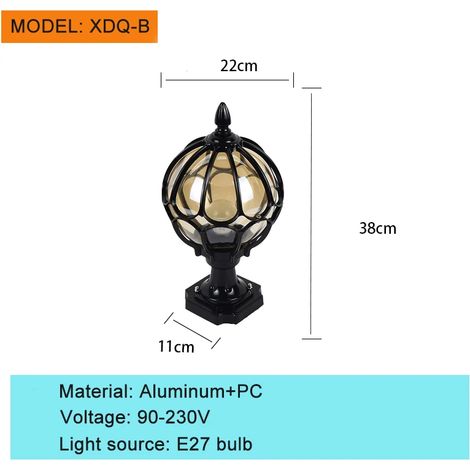(B-Noir H38cm-Lumière froide) Appliques extérieures européennes étanches E27 pour parcs, villas, portes, piliers, cours, jardins, clôtures, couloirs, luminaires décoratifs (1/5)