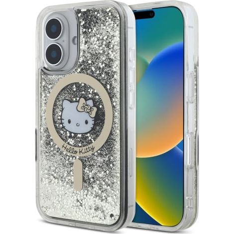 Coque rigide Hello Kitty HKHMP16SLGDIK pour iPhone 16 6.1 noir et or, finition Liquid Glitter Fever, compatible MagSafe