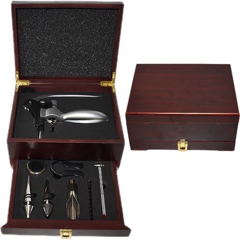Apribottiglie vino leva cava tappo 7 accessori scatola regalo in legno salvagoccia versatore termometro taglia lamina anello (1/5)