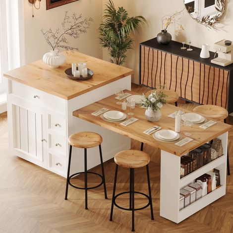 Table de bar extensible 120-184 x 70 cm avec tiroirs et roulettes Îlot de cuisine îlot mobile avec plateau imitation bois blanc (1/5)