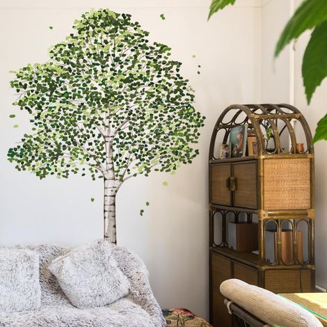Großer Birkenbaum-Wandaufkleber mit grünen Pflanzen für Wohnzimmer, Schlafzimmer, Kinderzimmer