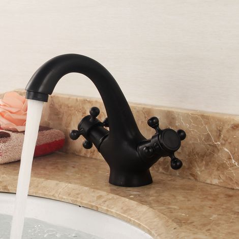 BRAVIX Robinet de salle de bain noir rétro, en laiton antique, robinet de lavabo à deux poignées, robinet de salle de bain, mitigeur maison de campagne, brossé, pour salle de bain