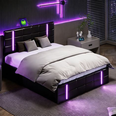 Lit adulte 160x200 cm – 4 tiroirs – Prise électrique – 2 ports USB – Éclairage LED télécommandé
