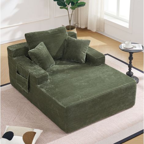 Sofá cama compacto verde de pana con bolsillos laterales y cojines, estilo retro y confort diario,110x70x150 cm (1/5)