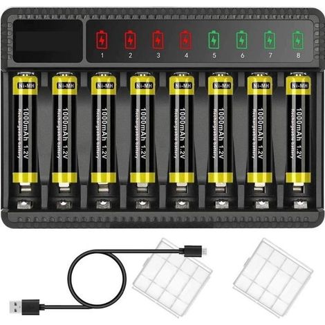 Chargeur intelligent de piles NiMH AA/AAA - 8 emplacements, DC5V, sortie 620 mA (1/4)
