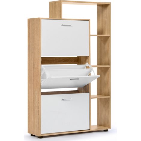 Idmarket – Meuble à chaussures 18 paires imitation hêtre – 3 portes blanches – étagère 5 niveaux – dimensions L. 86,5 x l. 24 x H. 133 cm (1/7)