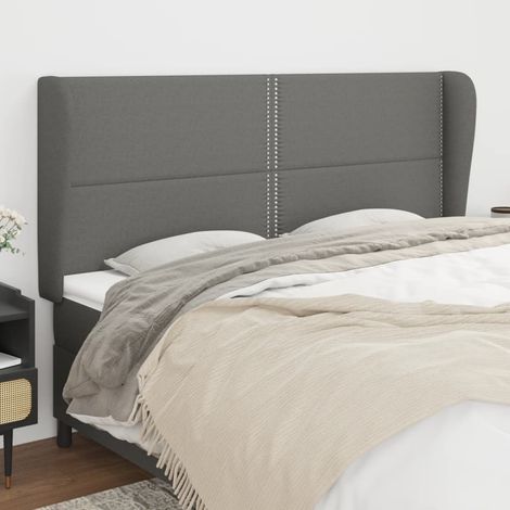 Tête lit de avec oreilles pour lit double, Cadre de lit, Tableau décoratif de chevet Gris foncé 203x23x118/128 cm Tissu CDE68769 (1/5)