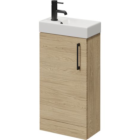 Napoli Cube Light Oak 400mm Single Door Vanity Unit with Align Basin - 400mm - Matt Black 160mm Handle