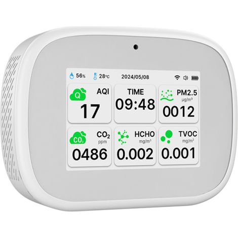 Detector de calidad del aire Tuya WiFi 10 en 1, portátil y para el hogar: medición del ICA (PM2.5, PM1.0, PM10, CO2, TVOC, HCHO), pantalla TFT, función de hora, temperatura y humedad. (1/5)