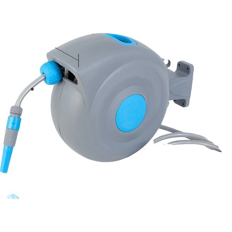 Enrollador de manguera de jardín, rebobinado automático, resistente a la intemperie, azul. (1/2)