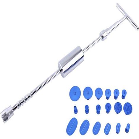 19pcs Kit Debosselage Marteau Coulissant, Debosselage Caravane, Paintless Débosselage Réparation de Bosses de Voiture sans Peinture Outil de T Type Extracteur de Denture,Glissière Marteau Barre (1/4)